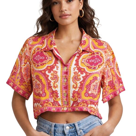 Rose & Thyme Tops - Rose & Thyme Cropped Button Up Blouse Paisley Size M NWT Boho Indie Dopamine